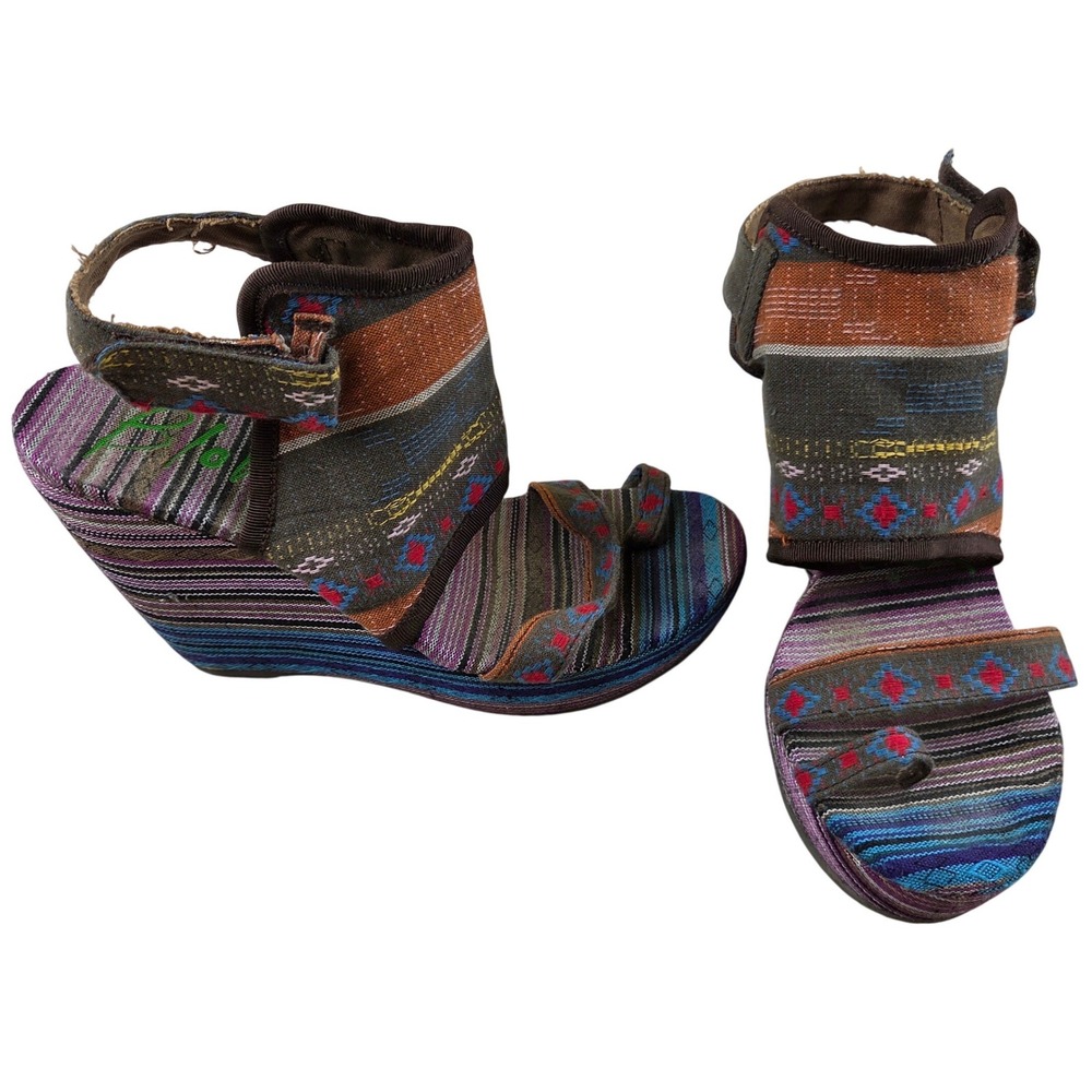 Blowfish Malibu Wedge Sandals Women 6 Multi Color Tribal Woven Boho Ankle Strap